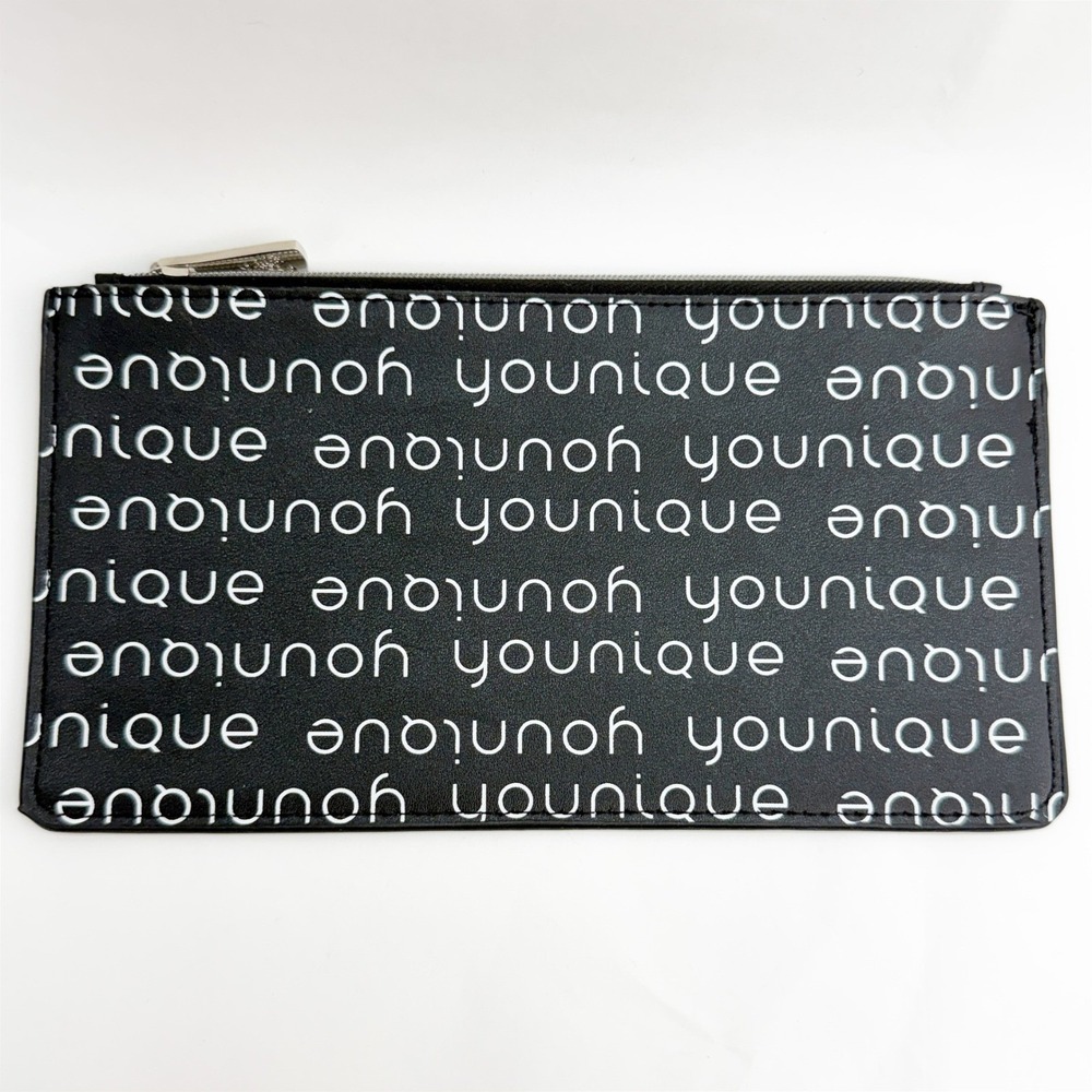Younique Logo Print Makeup Bag Black White Zippered Cosmetic Pouch Slim Travel